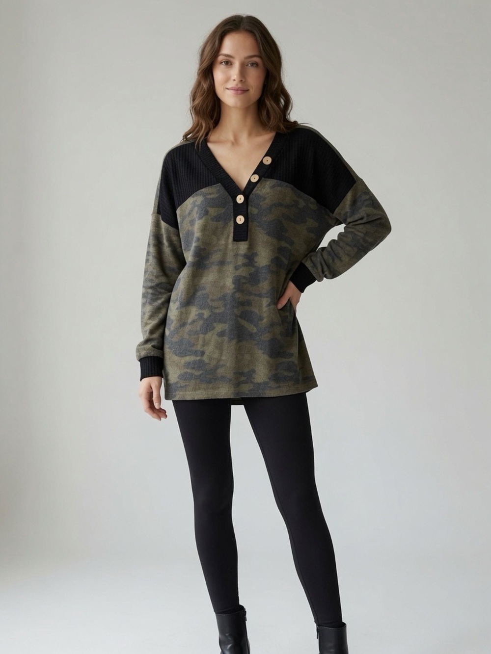 Camo Henley Tunic Top - Black & Olive